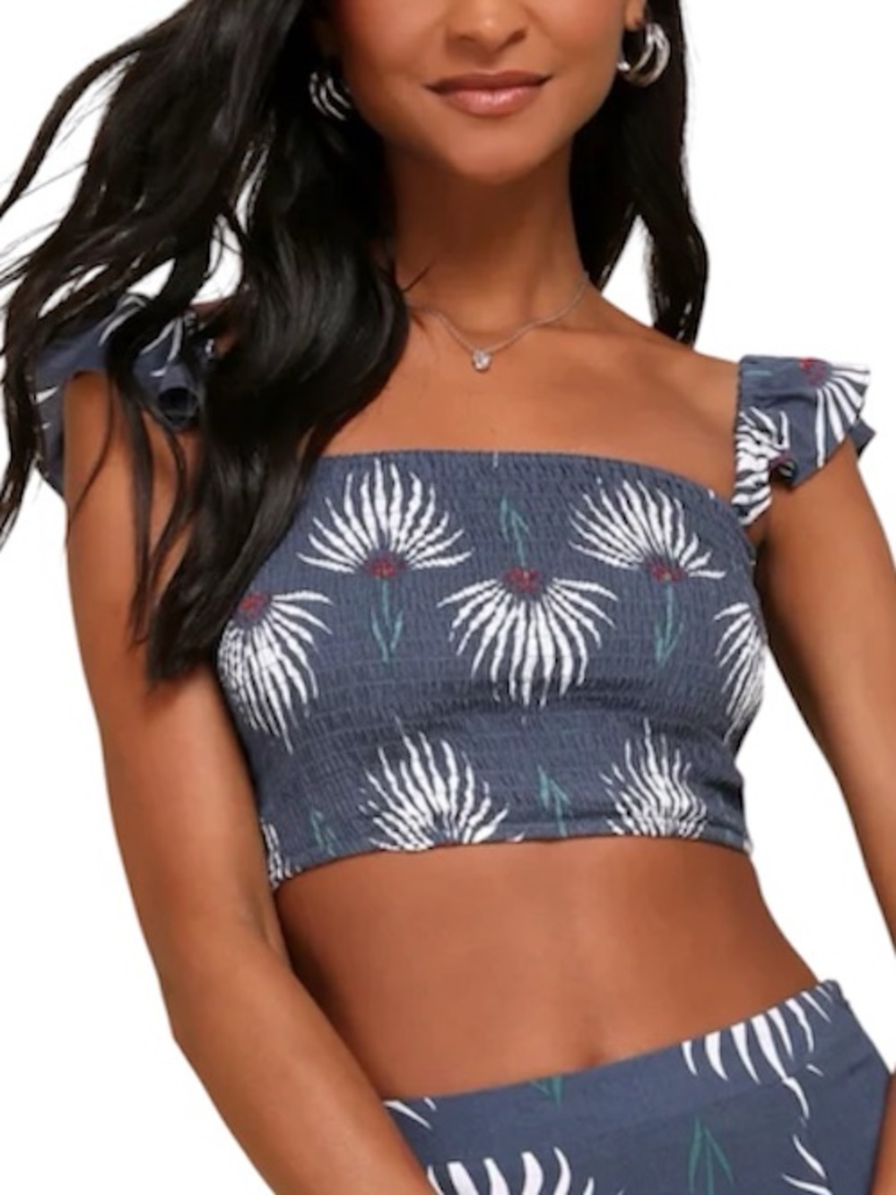 Lulus Blue Floral Smocked Crop Top Ruffle Strap Cottagecore Boho Size Small